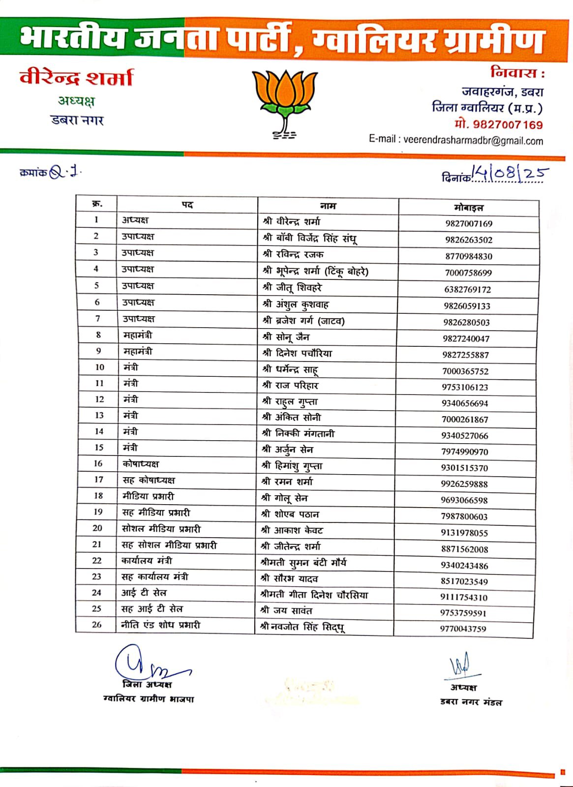 भारतीय जनता पार्टी जिला ग्वालियर ग्रामीण की डबरा विधानसभा के डबरा नगर मंडल की कार्यकारणी निम्नानुसार है