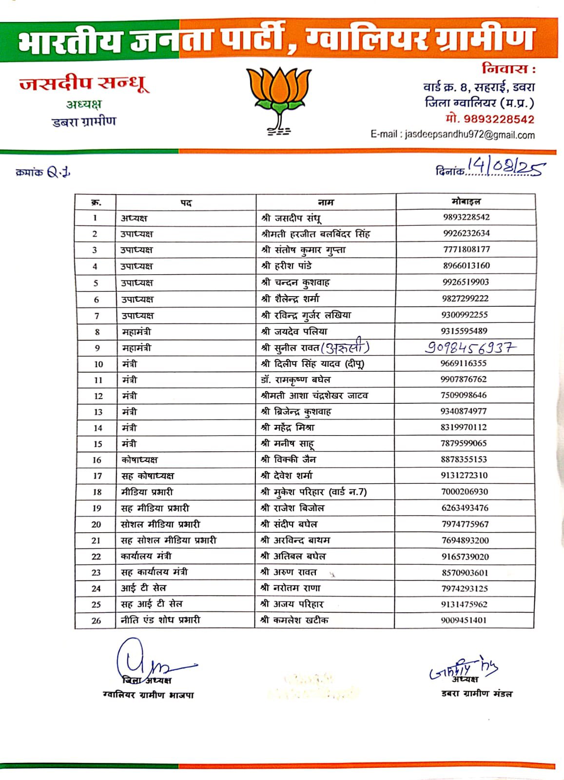 भारतीय जनता पार्टी जिला ग्वालियर ग्रामीण के डबरा विधानसभा अंतर्गत डबरा ग्रामीण मंडल की नई कार्यकारिणी की घोषणा आज जिला अध्यक्ष प्रियम सिंह राजपूत ने की।