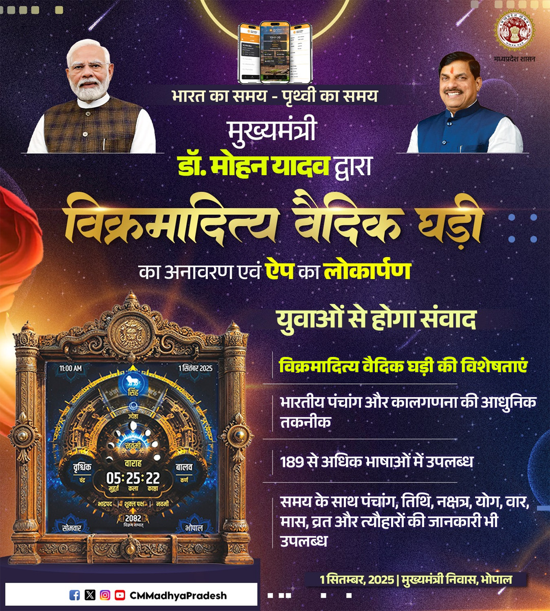 मुख्यमंत्री डॉ. मोहन यादव आज करेंगे विक्रमादित्य वैदिक घड़ी का अनावरण और ऐप का लोकार्पण